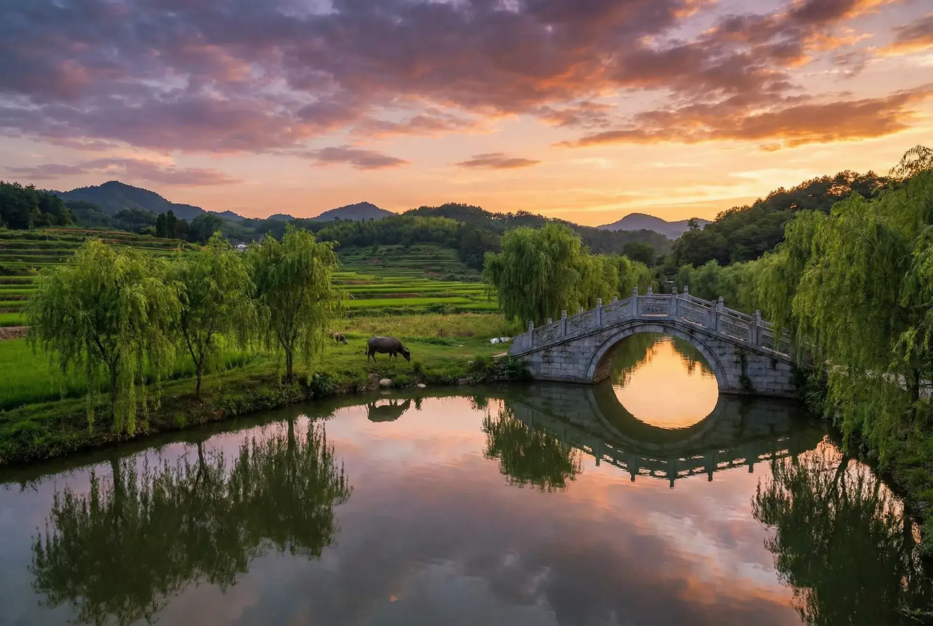 夕阳下的石拱桥与垂柳，水牛在河边吃草 - 4399看片HD中字 乡村美景